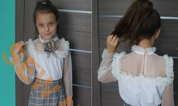 Шкільна блузка з сітки з рюшами для дівчинки, зріст 116-140