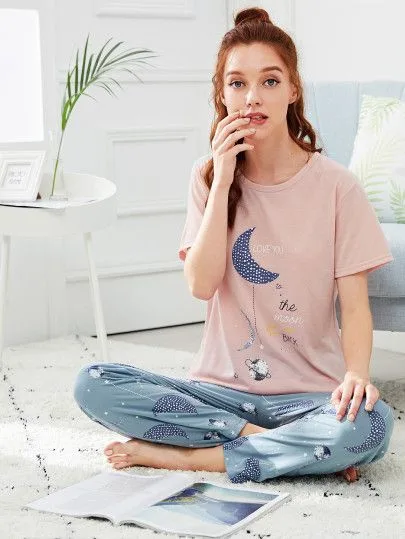 Жіноча трикотажна піжама: футболка та штани (XS-XL)