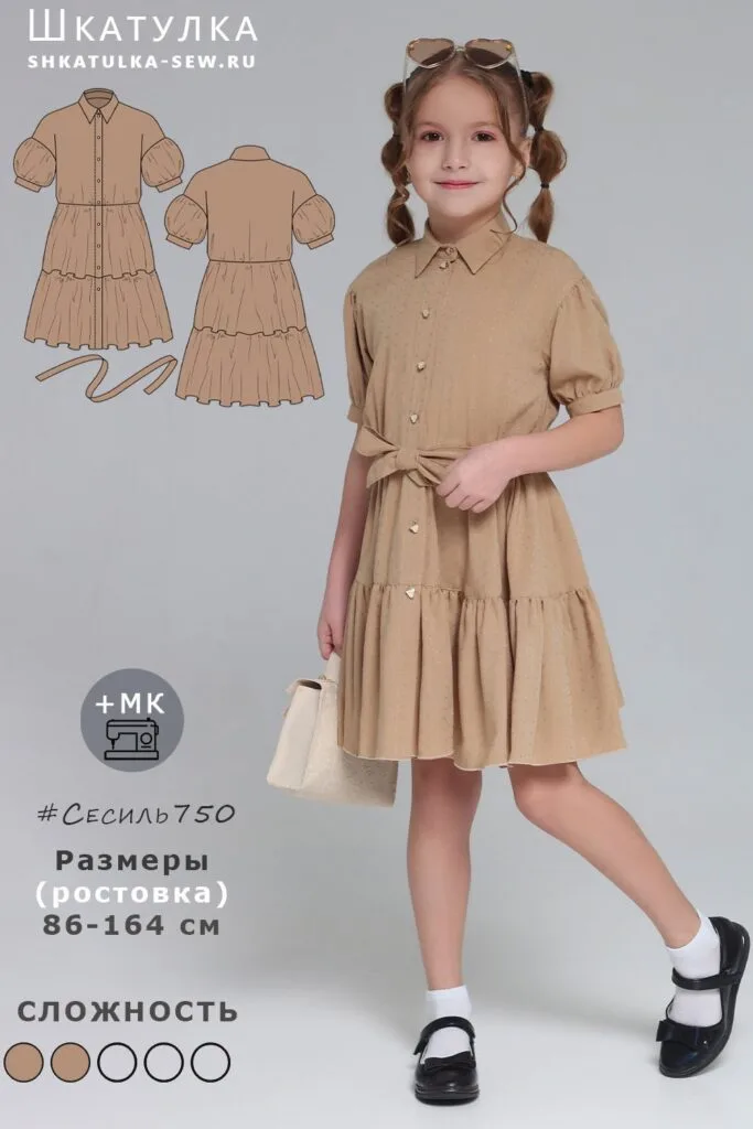 Викройка дитячої сукні середнього об’єму, напівприлеглого силуету, зі спущеною лінією плеча, відрізного по талії, з розширеною донизу спідницею